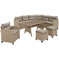 Gartenlounge-Set KONIFERA "Keros Premium", beige (beige meliert), Polyrattan, Sitzmöbel-Sets, Gartenmöbel-Set, Ecklounge, Polyrattan, Stahl, geeignet für 8 Personen, inkl. Auflagen