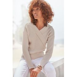 LASCANA Strickpullover beige Gr. 36/38 für Damen. Mit V-Ausschnitt. Figurumspielend. Nachhaltig.