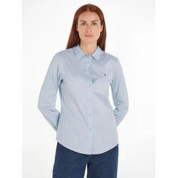 Hemdbluse TOMMY HILFIGER "STRETCH OXFORD REGULAR SHIRT", Damen, Gr. 34, blau (breezy blau), Web, Obermaterial: 100% Baumwolle, unifarben, casual, regular fit, Langarm 2-Knopf-Manschette, Blusen, mit Logostickerei