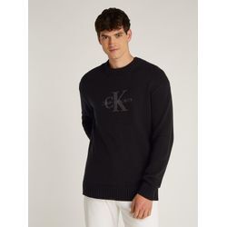 Rundhalspullover CALVIN KLEIN JEANS "CHENILLE MONOLOGO SWEATER", Herren, Gr. L, schwarz (ck schwarz), Strick, Obermaterial: 60% Baumwolle, 40% Polyacryl, unifarben, casual, regular fit, Rundhals, Langarm Strickbündchen, Pullover, mit Logostickerei