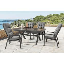 Garten-Essgruppe DESTINY "GARDA", grau (anthrazit), Polyester, Synchron-Auszug, Rückenlehne stufenlos verstellbar-Tischplatte ausziehbar, Sitzmöbel-Sets, 4 Hochlehner inkl. Auflagen, 1 Ausziehtisch 160/210x100 cm