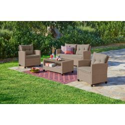 Gartenlounge-Set KONIFERA "Lorca", beige (beige, beige), Polyrattan, Sitzmöbel-Sets, Gartenmöbel-Set, Polyrattan, Ablagefläche unter dem Tisch, Tischplatte aus Nonwood