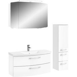 Badmöbel-Set SAPHIR "Cassca Sprint 3-teilig Mineralmarmor-Waschtisch mit LED-Spiegelschrank", weiß (weiß hochglanz, weiß glanz), B:131cm H:200cm T:50,5cm, Spanplatte, Kastenmöbel-Sets, Midischrank, inkl. Türdämpfer, 4 Türen, 4 Schubladen