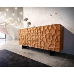 DELIFE Sideboard Solu 175 cm Akazie Natur 2 Türen 3 Schübe Fuß schwebend Metall Schwarz 3D-Front, Sideboards