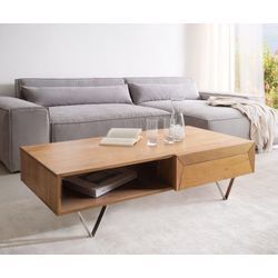 DELIFE Couchtisch Kayu 115x60 cm Akazie Natur 2 Schübe V-Fuß Edelstahl, Couchtische