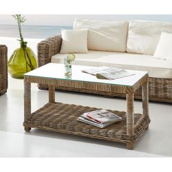 DELIFE Loungetisch Nizza 100x50 cm Rattan grau Glasplatte, Loungemöbel