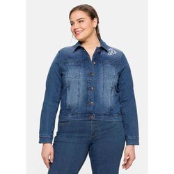 Jeansjacke SHEEGO "Große Größen", Damen, Gr. 40, blau (blau denim), Obermaterial: 98% Baumwolle, 2% Elasthan, unifarben, feminin, figurumspielend kurz, Langarm, Jacken, mit Trachten-Stickereien