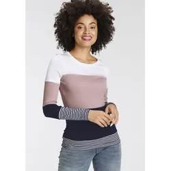 Longsleeve KANGAROOS, Damen, Gr. 40/42 (M), bunt (weiß, rose, marine), Rippware, Obermaterial: 100% Baumwolle, gestreift, geringelt, colorblocking, casual, sehr figurbetont hüftbedeckend, Rundhals, Langarm, Shirts, mit Langarm, figurbetonte Passform, Colourblocking-Optik