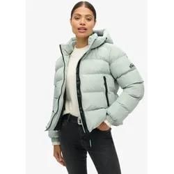 Steppjacke SUPERDRY "HOODED SPORTS PUFFER JACKET", Damen, Gr. L, grau (puritan grau), Web, Obermaterial: 100% Polyester, unifarben, casual, relaxed fit, Langarm, Jacken