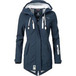 Funktionsmantel MARIKOO "Zimtzicke", Damen, Gr. XS (34), blau, Oberstoff: 98% Polyester, 2% Elasthan, Futter: 100% Polyester, Ärmelfutter: 100% Polyester, casual, figurbetont Po-bedeckend, hoch geschlossener Ausschnitt, Langarm Ärmel ohne Ärmelschlitz Rippstrickbündchen mit Klettverschluss, Mäntel, Wasserdichter Softshell Parka mit Kapuze