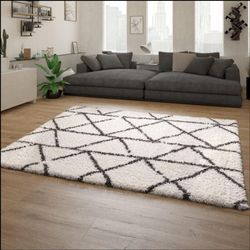 Paco Home Hochflor Teppich Wohnzimmer Shaggy Langflor Modern Skandi Rauten Grau Creme 200x290 cm