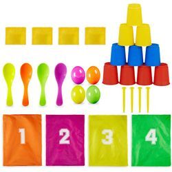 Relaxdays - Kinderparty Spiele, 3 in 1 Set, Garten Spiele für Kindergeburtstag, Sackhüpfen, Eierlaufen, Dosenwerfen, bunt