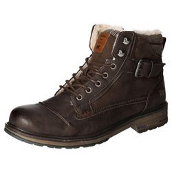 Winterboots MUSTANG SHOES, Herren, Gr. 42, braun (dunkelbraun), Lederimitat, Textil, klassisch, Schuhe, Blockabsatz, Winterstiefelette, Schnürboots mit kariertem Besatz