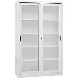 Schiebetürenschrank, 5 Ordnerhöhen, 4 höhenverstellbare Fachböden, Glastüren, abschließbar, B 1200 x T 450 mm x H 1950 mm, Stahl, lichtgrau RAL 7035