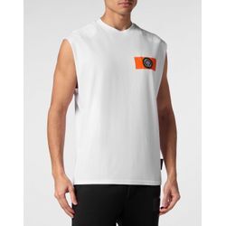 T-Shirt PLEIN SPORT "Tanktop Tanktop", Herren, Gr. XL, 0120, weiß, orange, Obermaterial: 100% Baumwolle, Shirts