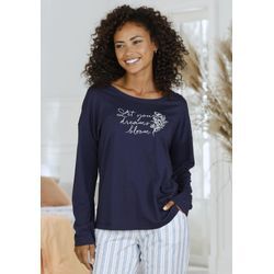 Pyjamaoberteil VIVANCE DREAMS, Damen, Gr. 32/34, blau (marine), Single Jersey, Obermaterial: 50% Baumwolle, 50% Viskose, bedruckt, feminin, loose fit hüftlang, Rundhals, Langarm eingesetzt, Shirts, mit Frontdruck