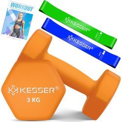 KESSER® Hanteln Hantelset 2er Set 2kg - 5kg farbig, Kurzhanteln Neopren, Hexagon, Krafttraining, Workout, Fitnesstraining, für Zuhause Mit Übungsheft, 2x Fitnessbänder