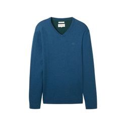 TOM TAILOR Herren Strickpullover mit V-Ausschnitt, blau, Uni, Gr. S