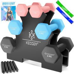 KESSER® Hantel-Set, 3 Paar, 1kg - 5kg, 12kg oder 18kg kurzhanteln mit Ständer Aufbewahrung, Fitnessstudio, Krafttraining, Hantelset rutschfeste Neopren, Mit Übungsheft, 2x Fitnessbänder