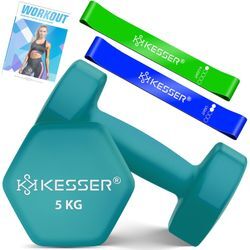 KESSER® Hanteln Hantelset 2er Set 2kg - 5kg farbig, Kurzhanteln Neopren, Hexagon, Krafttraining, Workout, Fitnesstraining, für Zuhause Mit Übungsheft, 2x Fitnessbänder