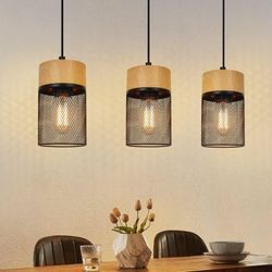 ZMH - gbly Hängelampe Vintage Pendelleuchte Esstisch: 3 Flammig Hängeleuchte Schwarz Holzmaserung Wohnzimmer Esszimmerlampe Industrial E27