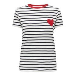 Kurzarmshirt ONLY "ONLHEART S/S TEE JRS", Damen, Gr. L (40), cloud dancer stripes:night sky, rot heart, Jersey, Obermaterial: 95% Viskose, 5% Elasthan, gestreift, modisch, regular fit, Rundhals, Kurzarm, Shirts