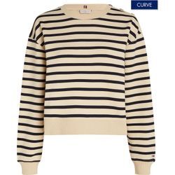 Sweatshirt TOMMY HILFIGER CURVE "CRV REG GOLD BTN POLO SWTSHRT", Damen, Gr. 48, braun (breton stp country ivory, desert sky), Sweatware, Obermaterial: 100% Baumwolle, gestreift, casual, regular fit, Langarm Bündchen, Sweatshirts, in Großen Größen, Reine Baumwolle, Polokragen