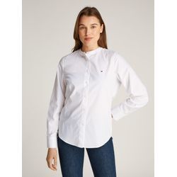 Shirtbluse TOMMY HILFIGER "COLLARLESS POPLIN REGULAR SHIRT", Damen, Gr. 38, weiß (th optic weiß), Web, Obermaterial: 100% Baumwolle, unifarben, casual, regular fit, Langarm eingesetzt Manschette, Blusen, mit Tommy Hilfiger Flagge