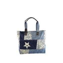 Schultertasche "Blume", Damen, Gr. B/H/T: 37cm x 33cm x 11cm one size, blau, Baumwolle, COLLEZIONE ALESSANDRO, Taschen, aus Jeans Stoff mit Blumen und Sternmotiv