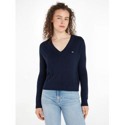 Strickpullover TOMMY JEANS "TJW ESSENTIAL VNECK SWEATER EXT", Damen, Gr. L (40), blau (schwarz night navy melange), Strick, Obermaterial: 53% Baumwolle, 40% Viskose, 7% Polyamid, meliert, Basic, regular fit hüftlang, V-Ausschnitt, Langarm Bündchen, Pullover, mit Logostickerei