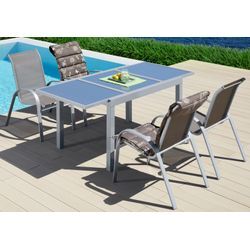 Garten-Essgruppe MERXX "Amalfi", grau (taupe), Obermaterial: 100% Polyester, Sitzmöbel-Sets, 4 Sessel, Tisch ausziehbar 90x120-180 cm, Alu/Textil