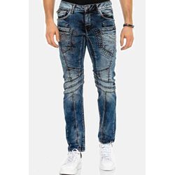 Straight-Jeans CIPO & BAXX "Jeans", Herren, Gr. 30, Länge 34, blau (dunkelblau), 94% Baumwolle;4% Polyester;2% Elasthan, unifarben, casual, regular fit lang, Jeans, mit rockigen Ziernähten, CD-418