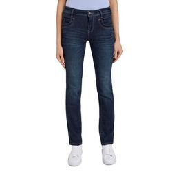 Gerade Jeans TOM TAILOR "Alexa Straight", Damen, Gr. 27, Länge 34, blau (schwarz stone washed), Denim/Jeans, Obermaterial: 69% Baumwolle, 20% Polyester, 9% Viskose, 2% Elasthan, casual, bequem lang, Jeans, mit Kontrastnähten