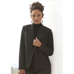 Kurzblazer LASCANA, Damen, Gr. 34, schwarz (schwarz, braun gestreit), Web, Obermaterial: 70% Polyester, 28% Viskose, 2% Elasthan. Futter: 100% Polyester, gestreift, modisch, figurbetont hüftlang, Langarm, Blazer, mit doppelreihigem Knopfverschluss, Damenblazer, sportlich-elegant