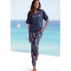 Pyjama VIVANCE DREAMS, Damen, Gr. 32/34, blau (dunkelblau, gemustert), Single Jersey, Obermaterial: 60% Baumwolle, 40% Polyester, gemustert, unifarben, feminin, bequem lang, Rundhals, Kurzarm abgesteppt, Homewear-Sets, Allover-Druck