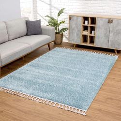 Hochflor-Teppich CARPET CITY "Pulpy 100" Gr. 8, blau, B:300cm H:30mm L:400cm, Kunstfaser, Teppiche, Fransenteppich, sehr weich, mit Fransen, uni, viele Größen, Wohnzimmer, Schafzimmer