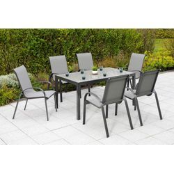 Garten-Essgruppe MERXX "Amalfi", grau (anthrazit, anthrazit, grafit), Polyester, Aluminium, Polyester, Sicherheitsglas, Sitzmöbel-Sets, 6 Sessel, stapelbar, Tisch 90x150 cm