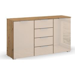 Schubkastenkommode RAUCH "Sideboard Kommode Kombikommode KOLUNA mit Glasfront", beige (eiche artisan, glas champagner), B:140cm H:81,0cm T:42,0cm, Holzwerkstoff, Sideboards, mit 4 Schubkästen und 2 Türen sowie Metallgriffen MADE IN GERMANY