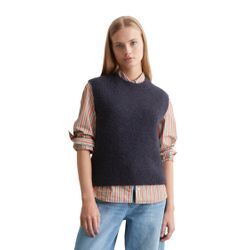 Rundhalspullover MARC O'POLO DENIM "aus kuscheligem Schurwolle-Mohair-Mix", Damen, Gr. L, blau, Obermaterial: 36% Schurwolle, 31% Polyamid, 15% Polyester, 15% Mohair, 3% Elasthan, unifarben, Rundhals, ohne Ärmel, Pullover