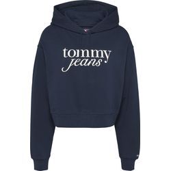 Hoodie TOMMY JEANS "TJW RLX CRP SCRIPT HOODIE EXT", Damen, Gr. L (40), blau (schwarz night navy), Sweatware, Obermaterial: 100% Baumwolle, bedruckt, casual, relaxed fit taillenbedeckt, Langarm Rippbündchen, Sweatshirts, mit Logoschriftzug