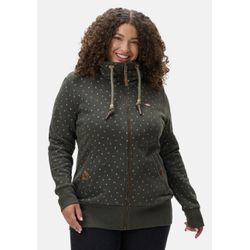 Kapuzensweatjacke RAGWEAR "Rylie Print Zip Plus", Damen, Gr. 46, grün (olivgrün), 70% Baumwolle, 30% Polyester, sportlich, gerade hüftbedeckend, hoch geschlossener Ausschnitt, Langarm eng Rippbündchen, Sweatjacken, modischer Damen Kapuzensweater mit Kordeln