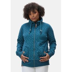 Kapuzensweatjacke RAGWEAR "Rylie Print Zip Plus", Damen, Gr. 44, blau (petrol), 70% Baumwolle, 30% Polyester, sportlich, gerade hüftbedeckend, hoch geschlossener Ausschnitt, Langarm eng Rippbündchen, Sweatjacken, modischer Damen Kapuzensweater mit Kordeln