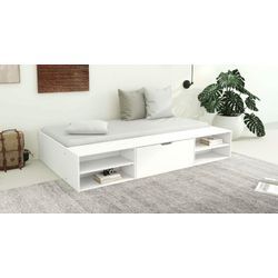 Stauraumbett HOME AFFAIRE "Cavan, OTTOs Choice, Jugendbett, Podestbett, Futonbett, Made in EU", weiß, B:124cm H:36cm L:203cm, Betten, inklusive Lattenrost, viel Stauraum, breite Ablage, FSC zertifiziert