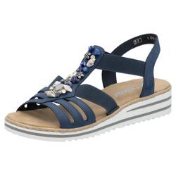 Riemchensandale RIEKER, Damen, Gr. 36, blau (jeansblau), Lederimitat, modisch, Schuhe, Sommerschuh, Sandalette, Keilabsatz, mit sommerlicher Verzierung