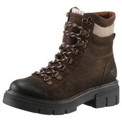 Schnürboots MARCO TOZZI, Damen, Gr. 37, braun (braun kombiniert), Nubuklederimitat, Textil, used, modisch, Schuhe, Blockabsatz, Outdoormode, Stiefelette in Bergsteiger Optik