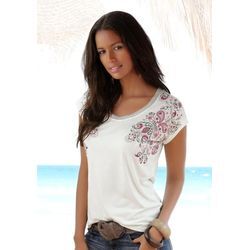 BEACHTIME T-Shirt beige Gr. 32/34 für Damen. Tiefer Rundhals und Print. Bequem